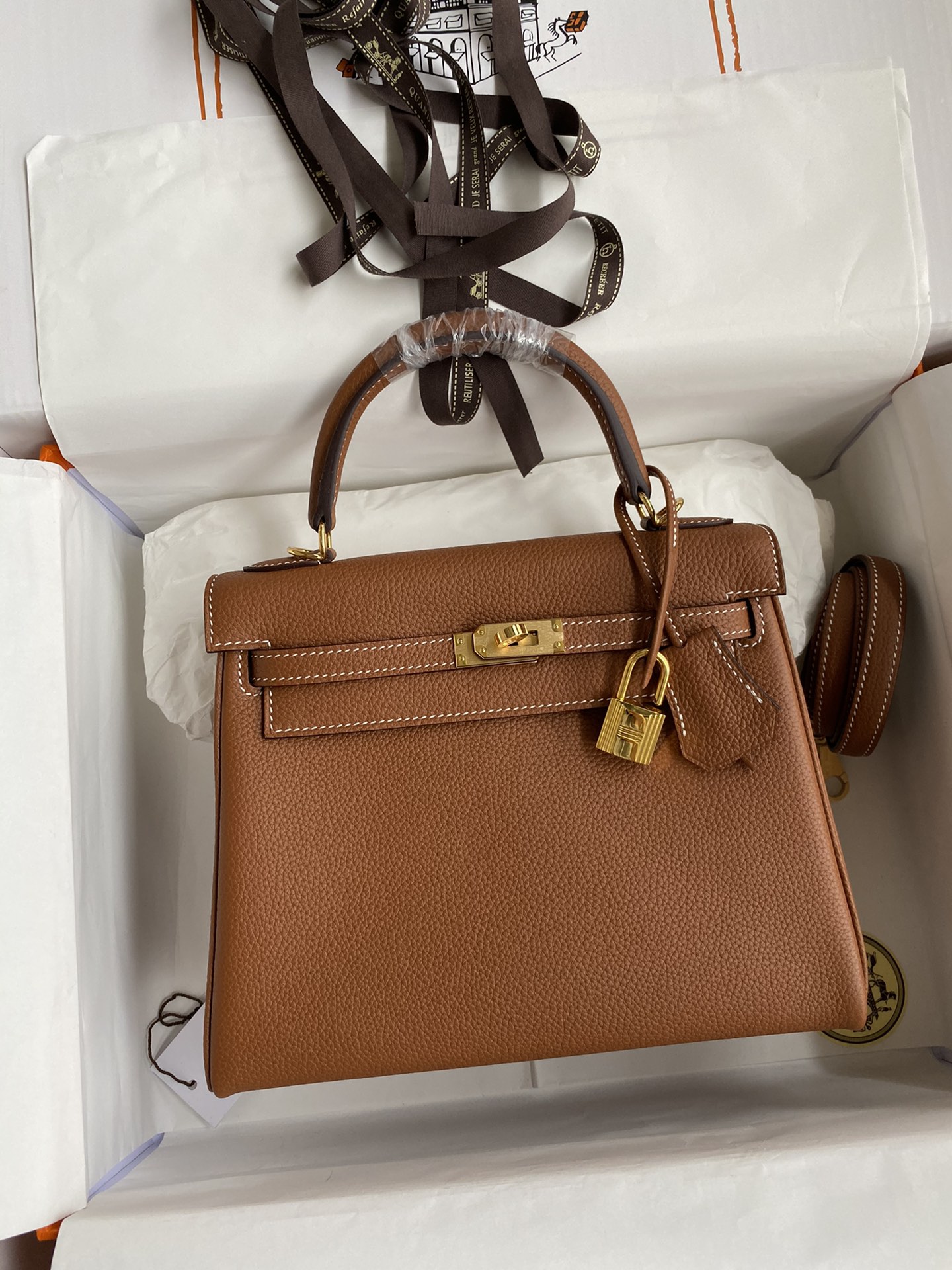 Hermes Kelly 25cm Handbag Shoulder Bag in Brown Togo Leather